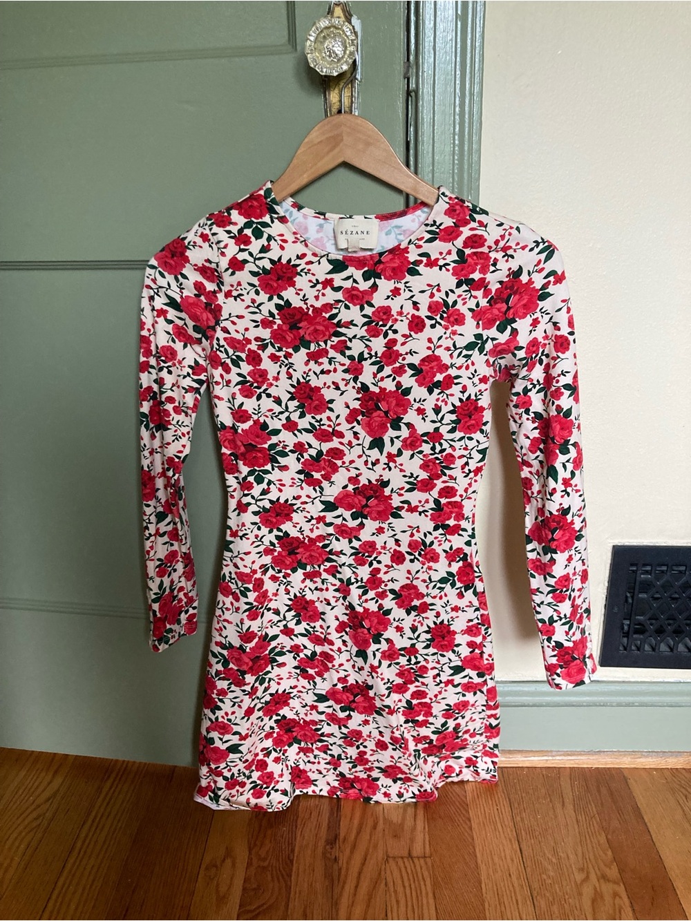 Sezane White Mini Dress with Red Rose Print